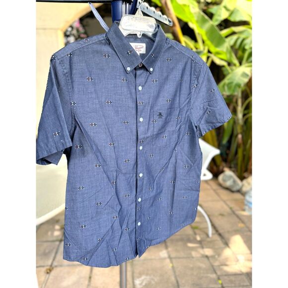 NWOT Penguin Heritage Slim Fit Slate Blu Argyle Print SS Button Down Shirt SZ L - Picture 1 of 5